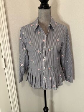 English Factory Navy and White Striped Button-Down with Pink Floral Embroidery